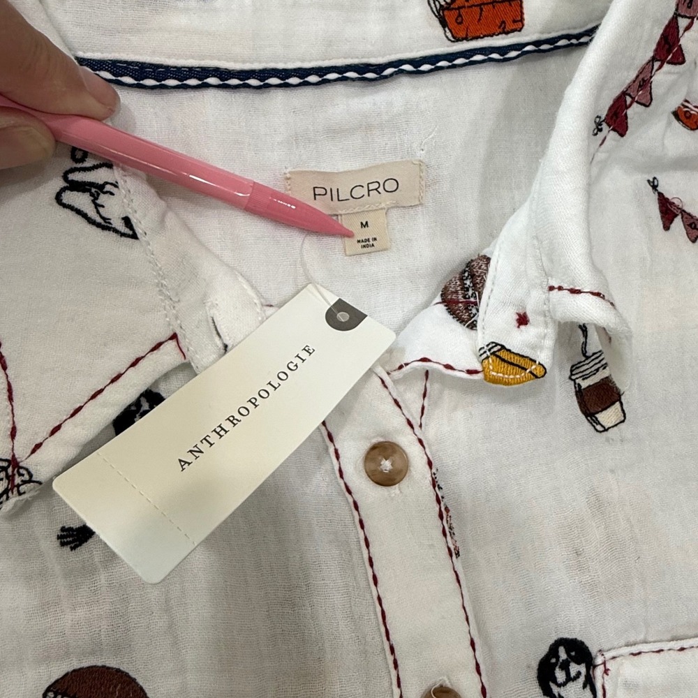 Pilcro Anthropologie Embroidered Fall Motif Cotton Gauze Button Down Shirt M - Picture 4 of 11